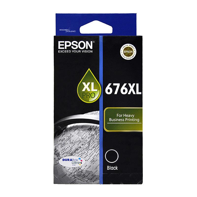 EPSON 676XL Black Ink Cartridge with packaging, showcasing its premium quality and compatibility with EPSON printers.