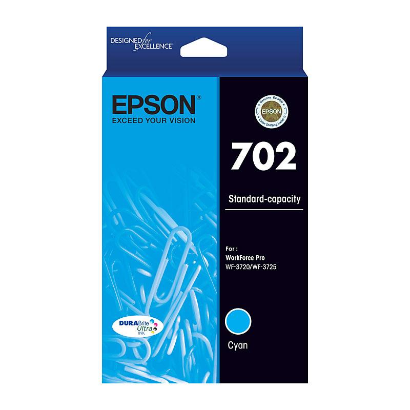 EPSON 702 Cyan Ink Cartridge with vibrant blue color, designed for high-quality printing.