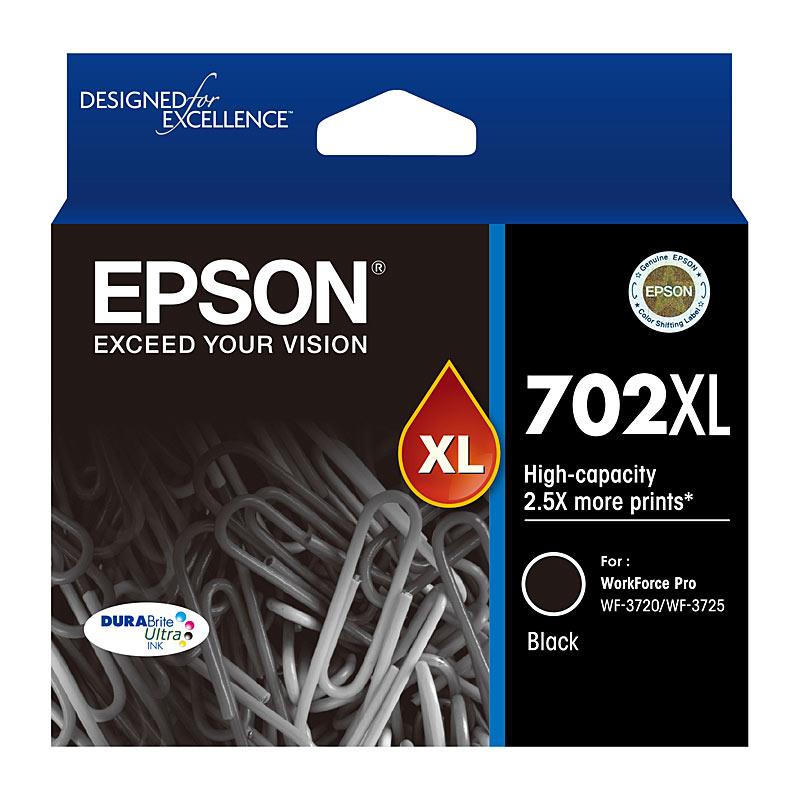 EPSON 702XL Black Ink Cartridge with packaging, showcasing its premium quality and high yield.