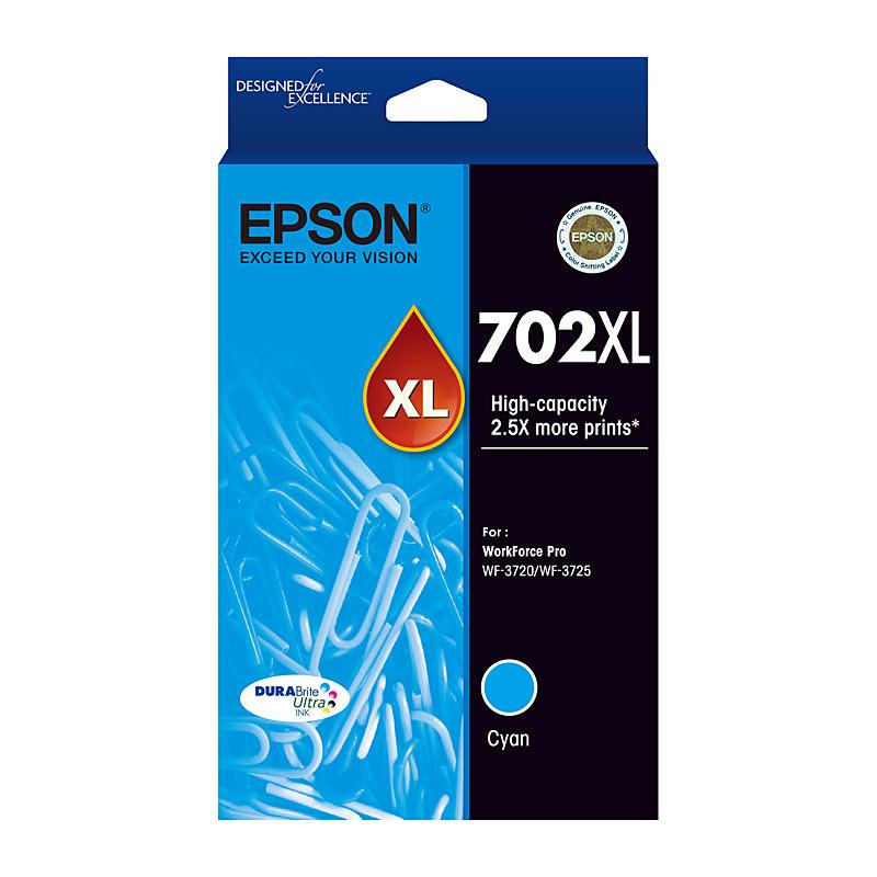 EPSON 702XL Cyan Ink Cartridge with vibrant blue color, designed for high-quality printing, compatible with specific EPSON printers.