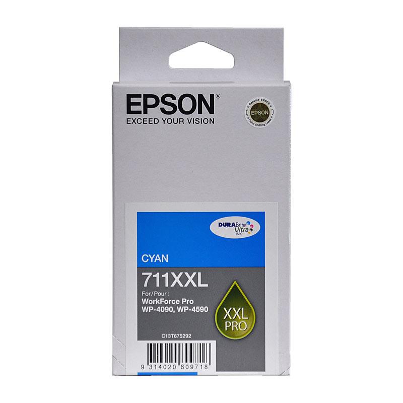 EPSON 711XXL Cyan Ink Cartridge with packaging, showcasing vibrant cyan color and high yield specifications.