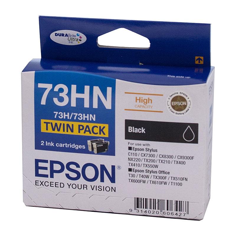 EPSON 73HN HY Black Twin Pack toner cartridges, featuring two high-yield black cartridges for Epson printers.