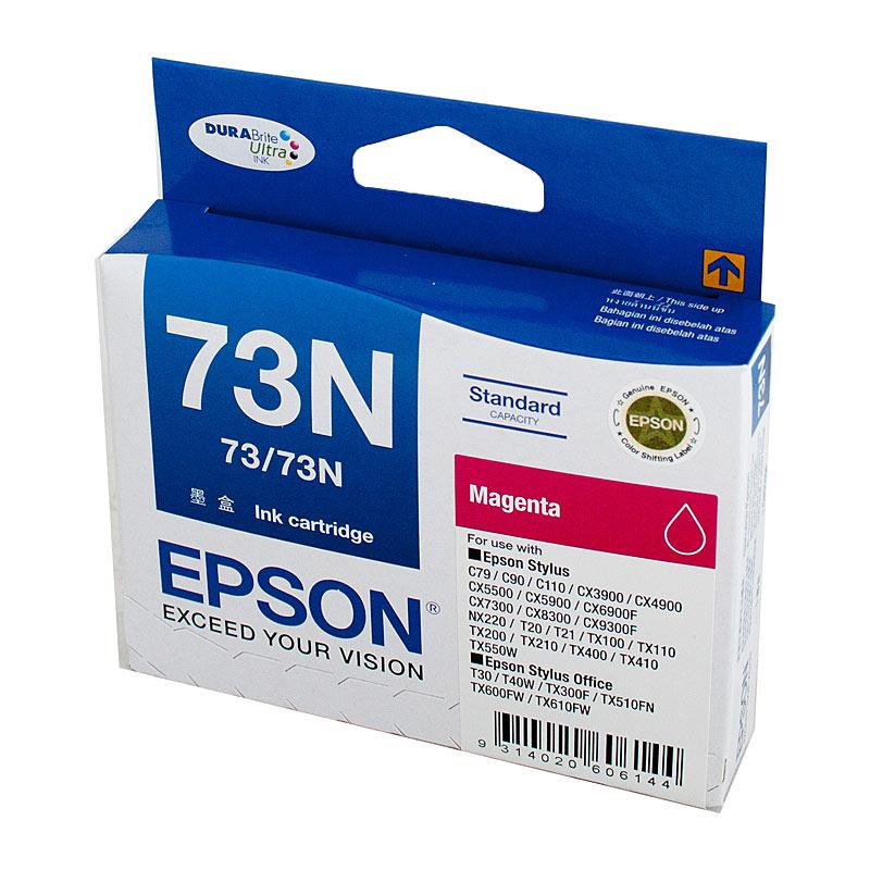 EPSON 73N Magenta Ink Cartridge with vibrant magenta color, designed for high-quality printing.