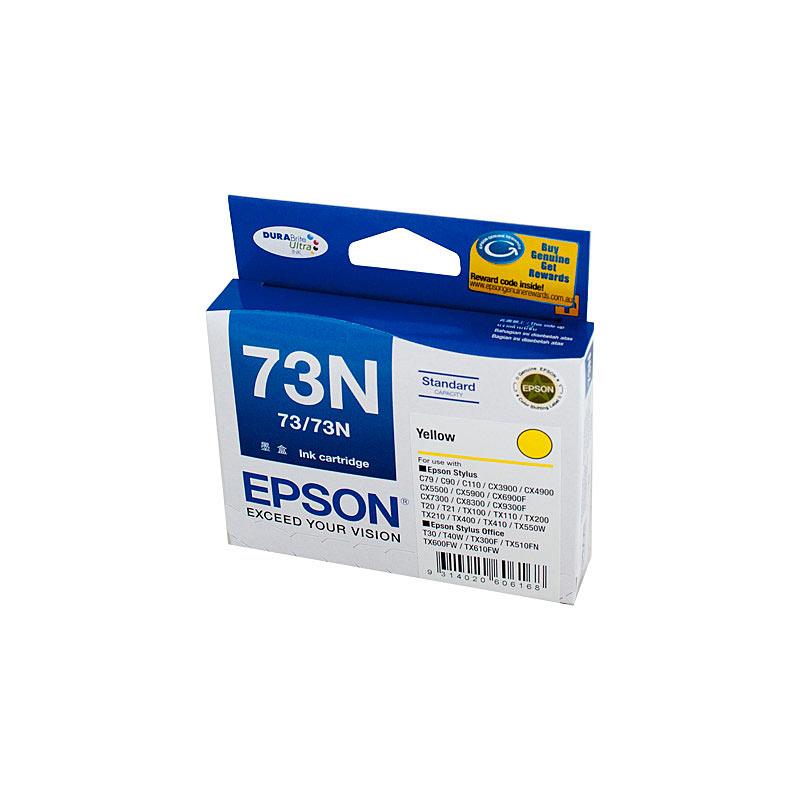 EPSON 73N Yellow Ink Cartridge with vibrant yellow color, designed for various EPSON printers, yielding up to 310 pages.