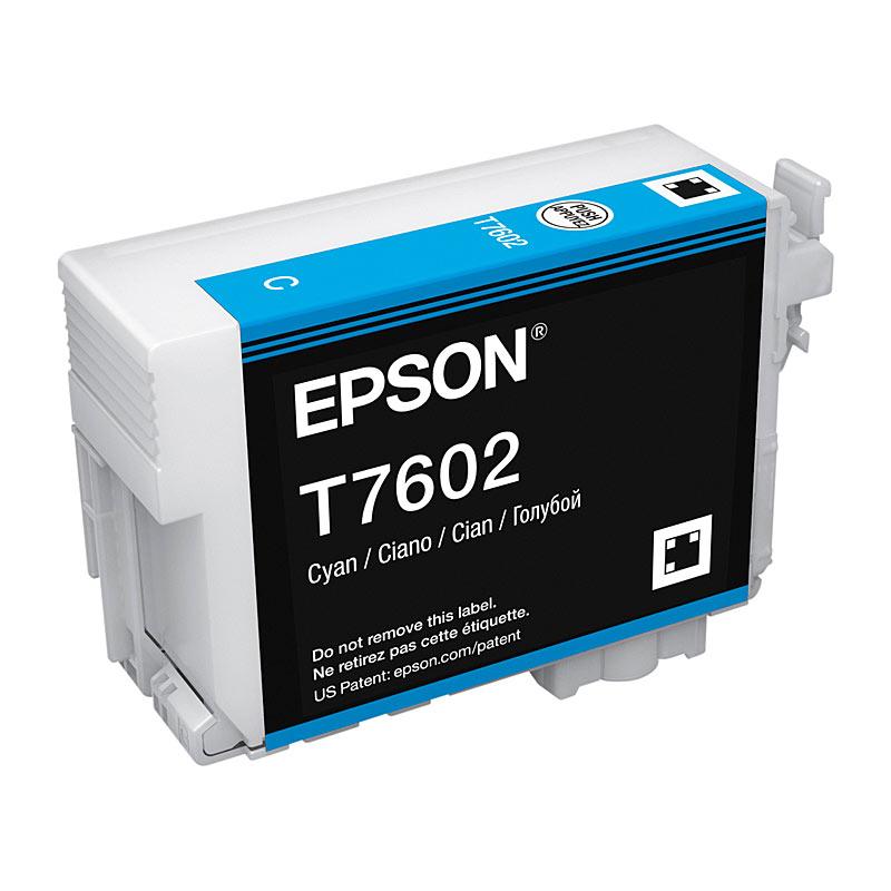 EPSON 760 Cyan Ink Cartridge showcasing vibrant cyan color and packaging details.