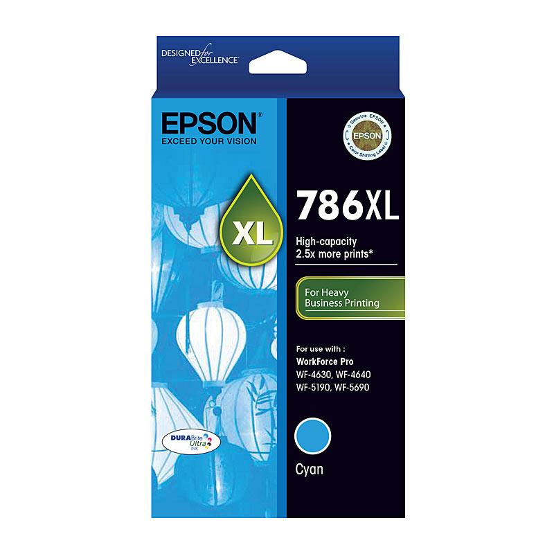 EPSON 786XL Cyan Ink Cartridge with packaging, showcasing vibrant cyan color and branding.