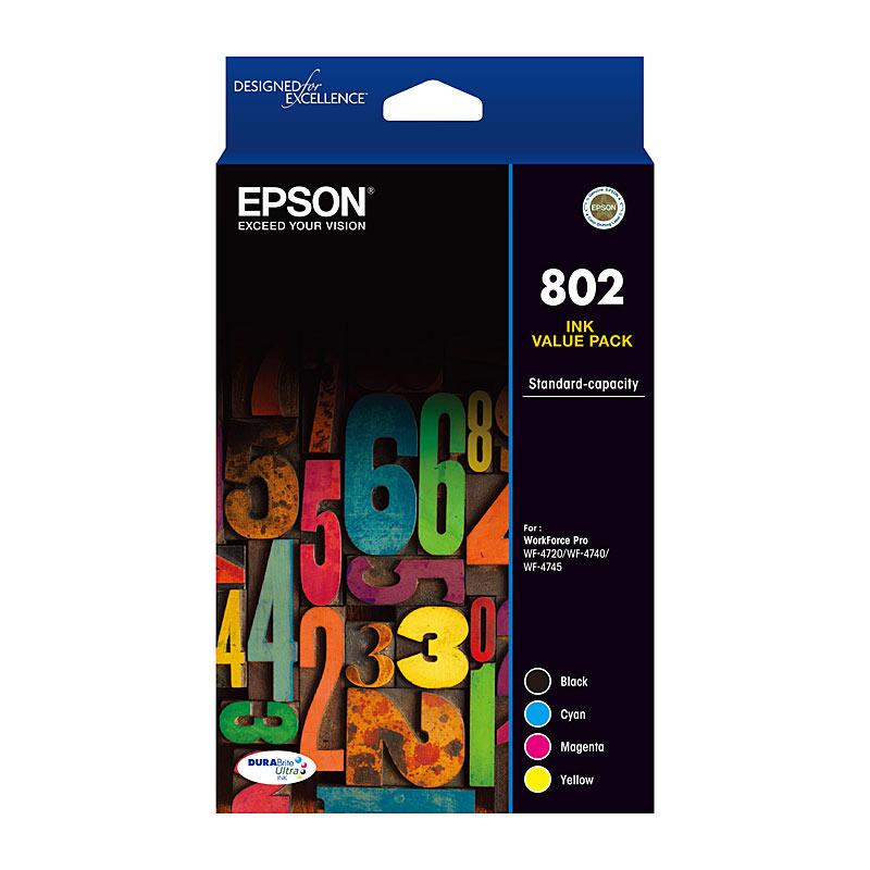 EPSON 802 CMYK Colour Pack toner cartridges in vibrant colors, including Cyan, Magenta, Yellow, and Black, designed for high-quality printing.