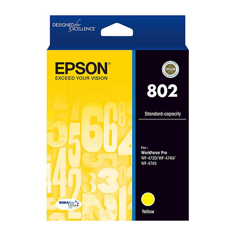 EPSON 802 Yellow Ink Cartridge showcasing its vibrant yellow color and packaging, designed for high-quality printing.