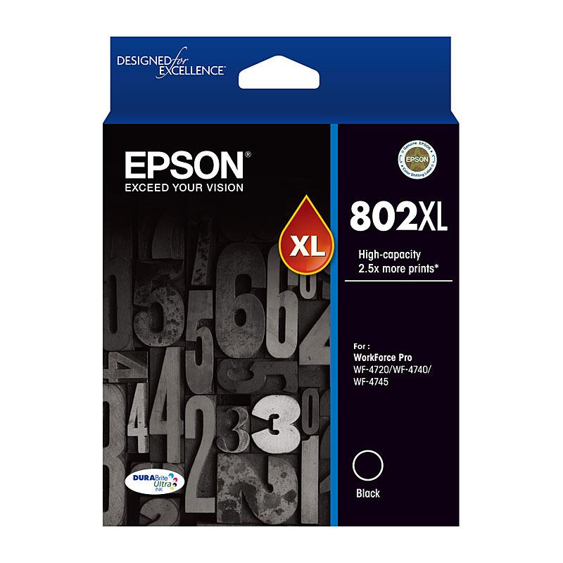 EPSON 802XL Black Ink Cartridge with packaging, showcasing its design and features.