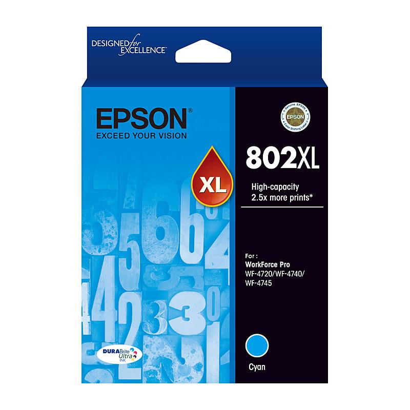 EPSON 802XL Cyan Ink Cartridge with vibrant cyan color, designed for high-quality printing and compatibility with select Epson printers.