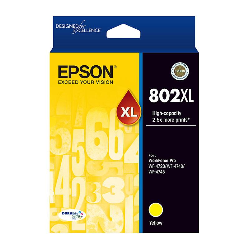 EPSON 802XL Yellow Ink Cartridge with vibrant yellow color and packaging details.