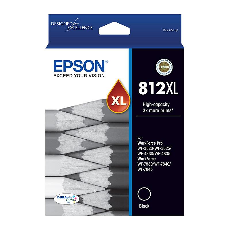 EPSON 812XL Black Ink Cartridge with packaging, showcasing its design and features.