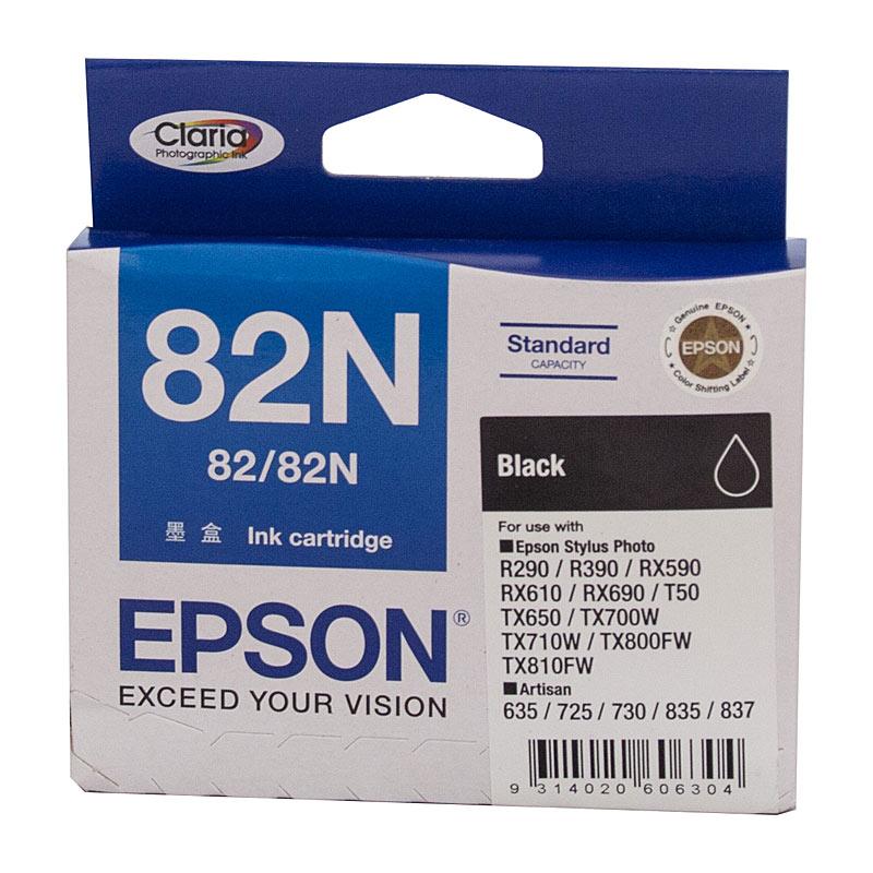 EPSON 82N Black Ink Cartridge with packaging, showcasing its design and branding.