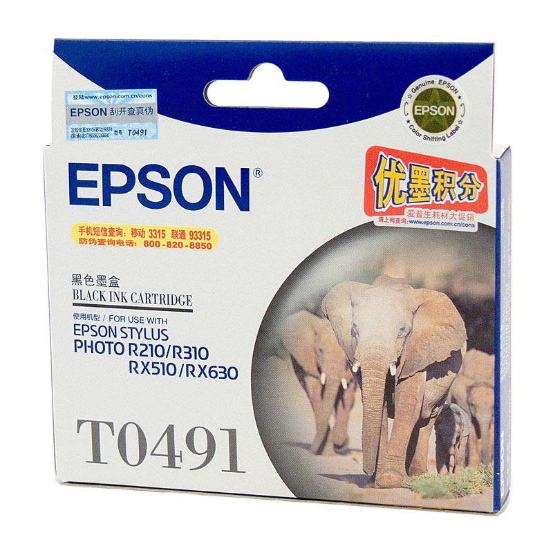 EPSON T0491 Black Ink Cartridge with packaging, showcasing its design and branding.