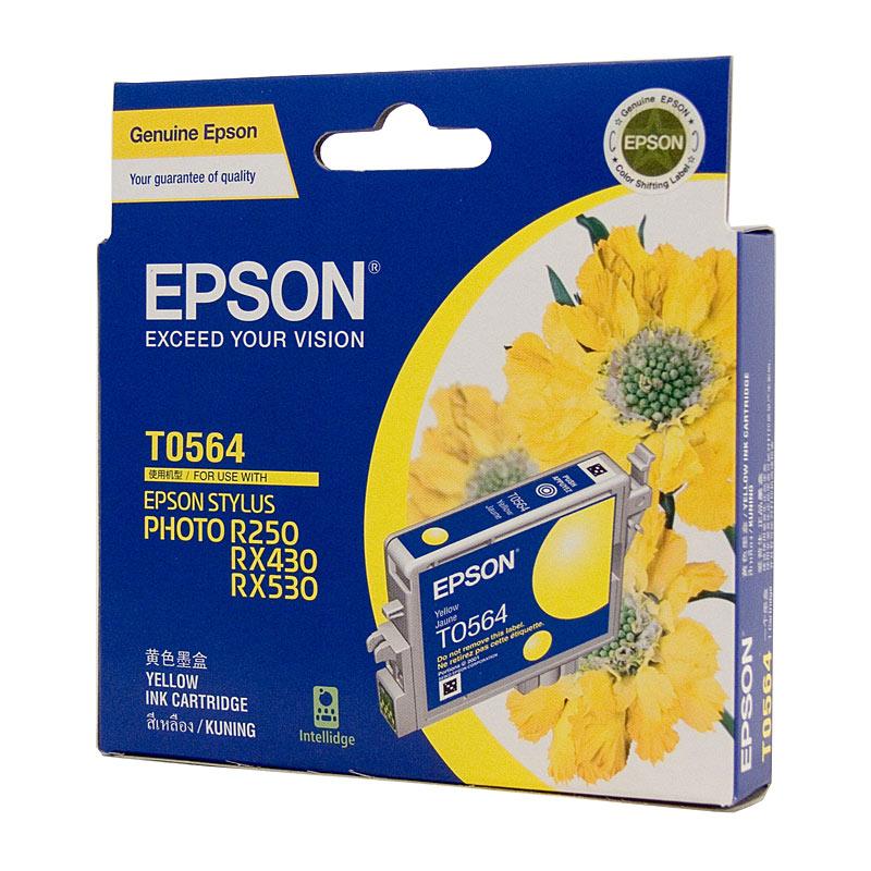 EPSON T0564 Yellow Ink Cartridge, showcasing its vibrant yellow color and packaging design.