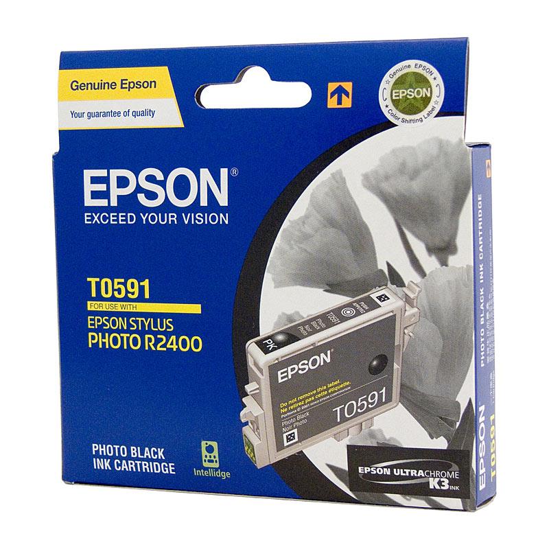 EPSON T0591 Black Ink Cartridge with packaging, showcasing its design and branding.