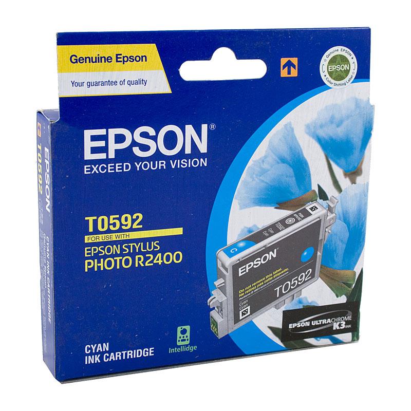 EPSON T0592 Cyan Ink Cartridge with vibrant blue color, designed for EPSON Stylus Photo R2400 printer.