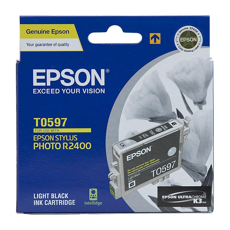 EPSON T0597 Light Black Ink Cartridge with packaging, designed for high-quality printing.