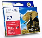 EPSON T087 Red Ink Cartridge for R1900 printer, showcasing its sleek design and vibrant color.