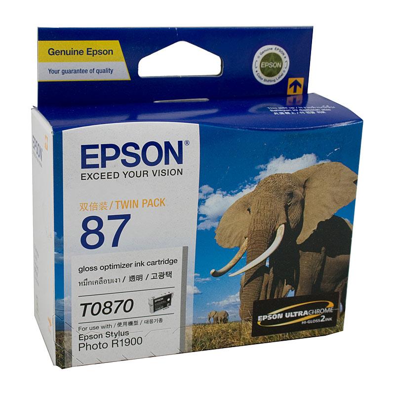 EPSON T0870 Gloss Opt Ink Cartridge with packaging, showcasing its vibrant color and design.