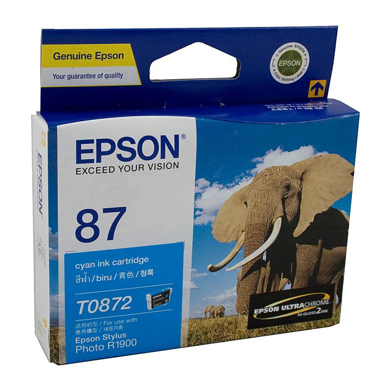 EPSON T0872 Cyan Ink Cartridge with packaging, showcasing vibrant cyan color and branding.