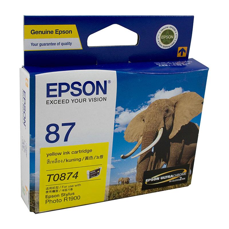 EPSON T0874 Yellow Ink Cartridge with packaging, designed for vibrant printing.