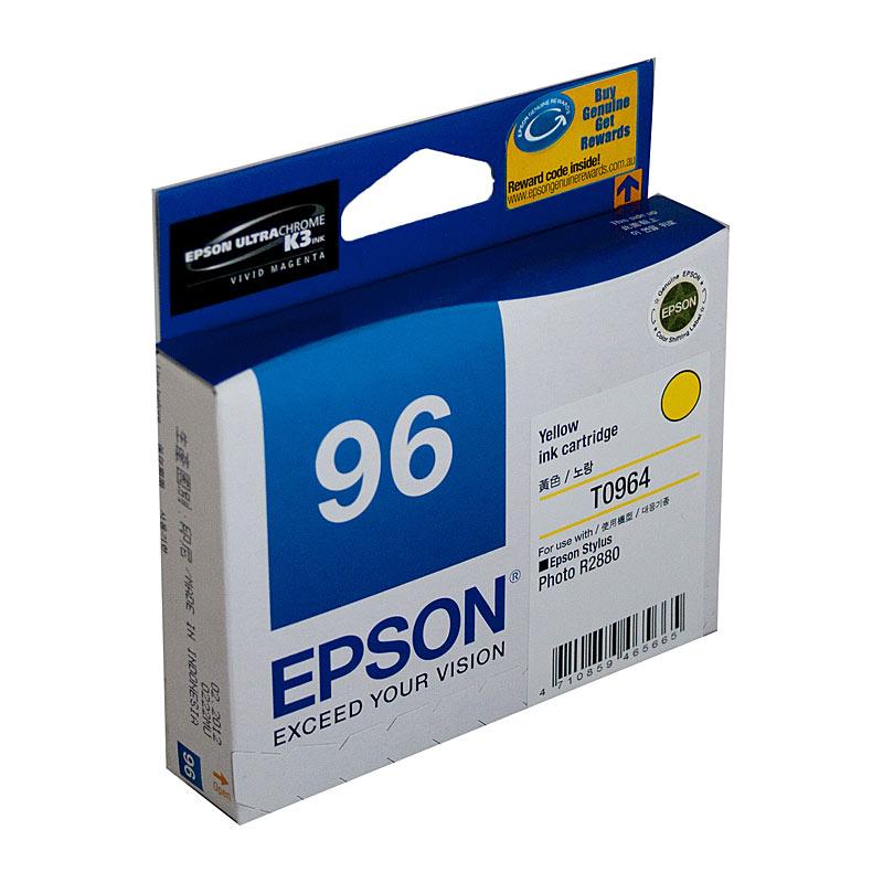 EPSON T0964 Yellow Ink Cartridge with packaging, showcasing vibrant yellow color and branding.