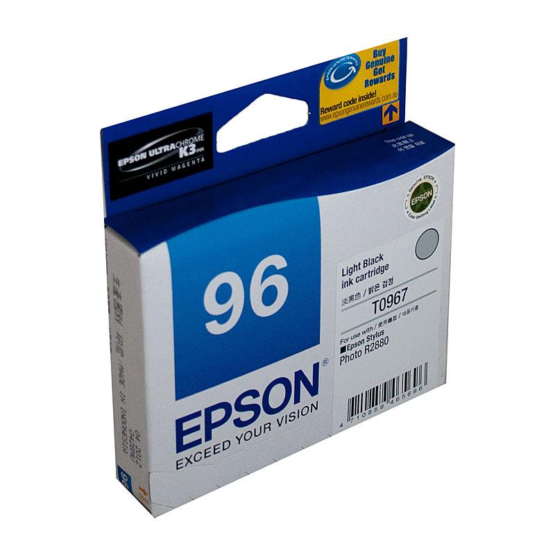 EPSON T0967 Light Black Ink Cartridge with packaging, showcasing its design and branding.