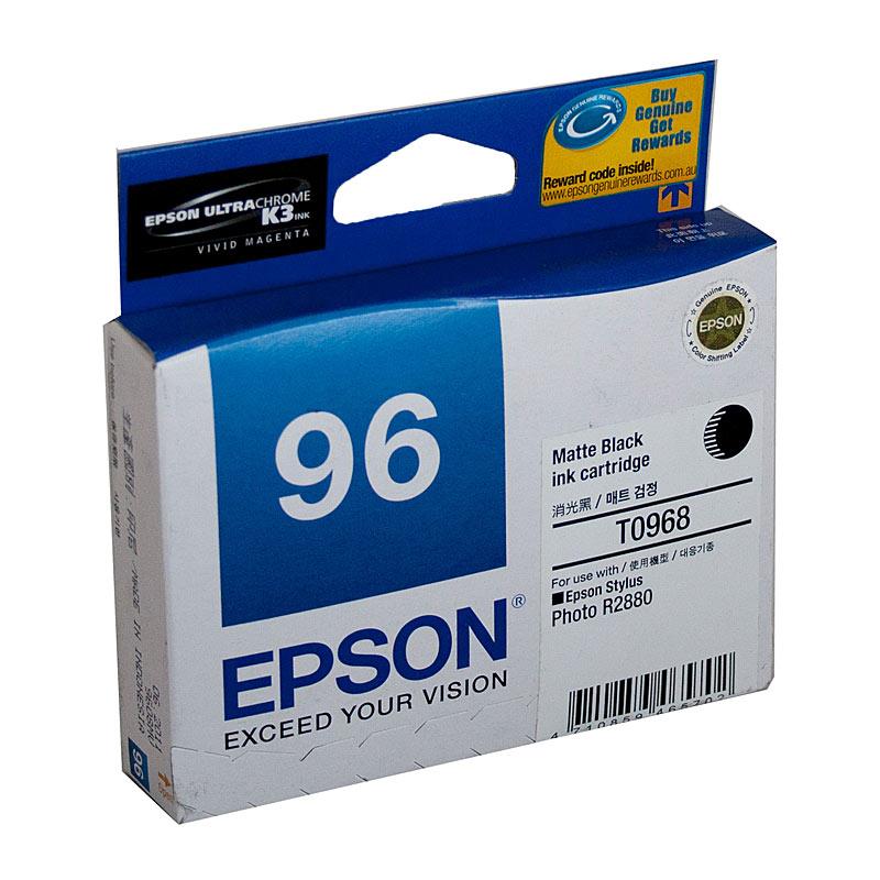 EPSON T0968 Matte Black Ink Cartridge with packaging, showcasing its premium quality and compatibility with R2880 printer.