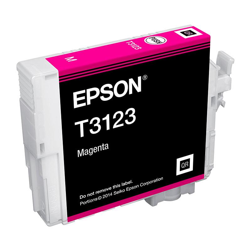 EPSON T3123 Magenta Ink Cartridge with vibrant magenta color, designed for EPSON SC P405 printer.