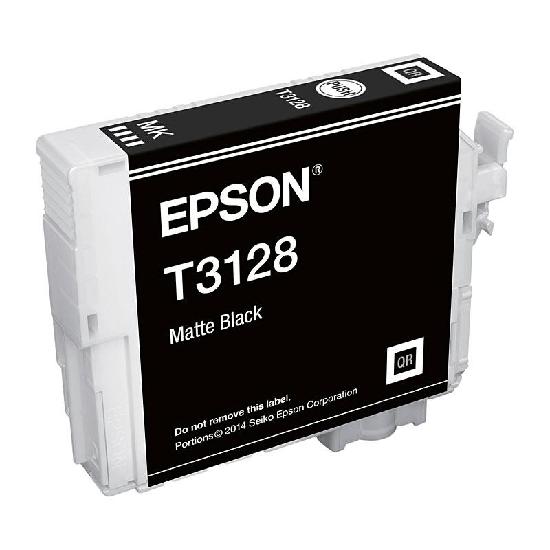 EPSON T3128 Matte Black Ink Cartridge showcasing its sleek design and packaging, ideal for high-quality printing.