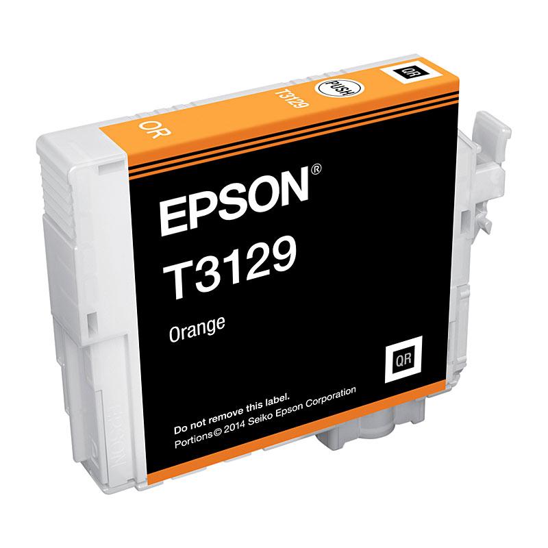 EPSON T3129 Orange Ink Cartridge showcasing vibrant orange color and packaging details.