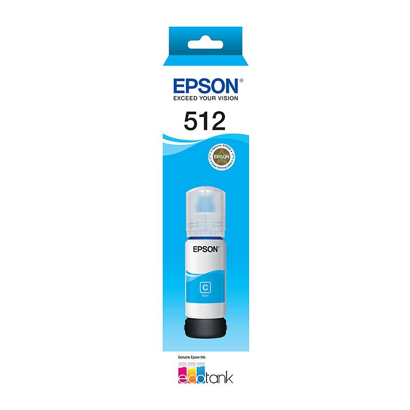 EPSON T512 Cyan EcoTank Bottle with vibrant cyan color, designed for high-quality printing.