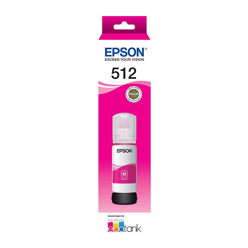 EPSON T512 Magenta EcoTank Bottle with vibrant magenta color, designed for easy refilling and high-quality printing.