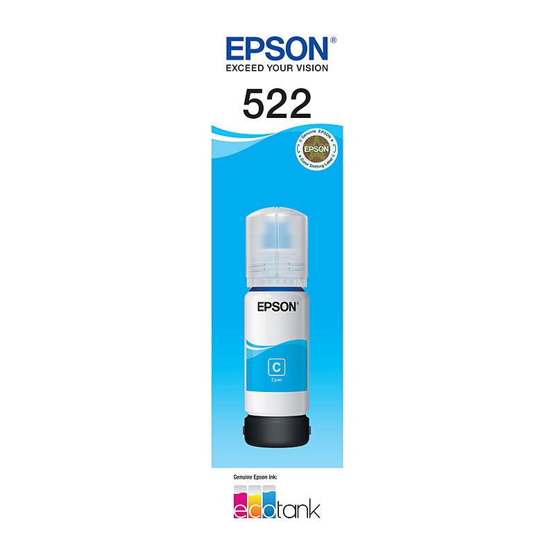 EPSON T522 Cyan EcoTank Bottle with vibrant blue color, designed for easy refilling and high-quality printing.