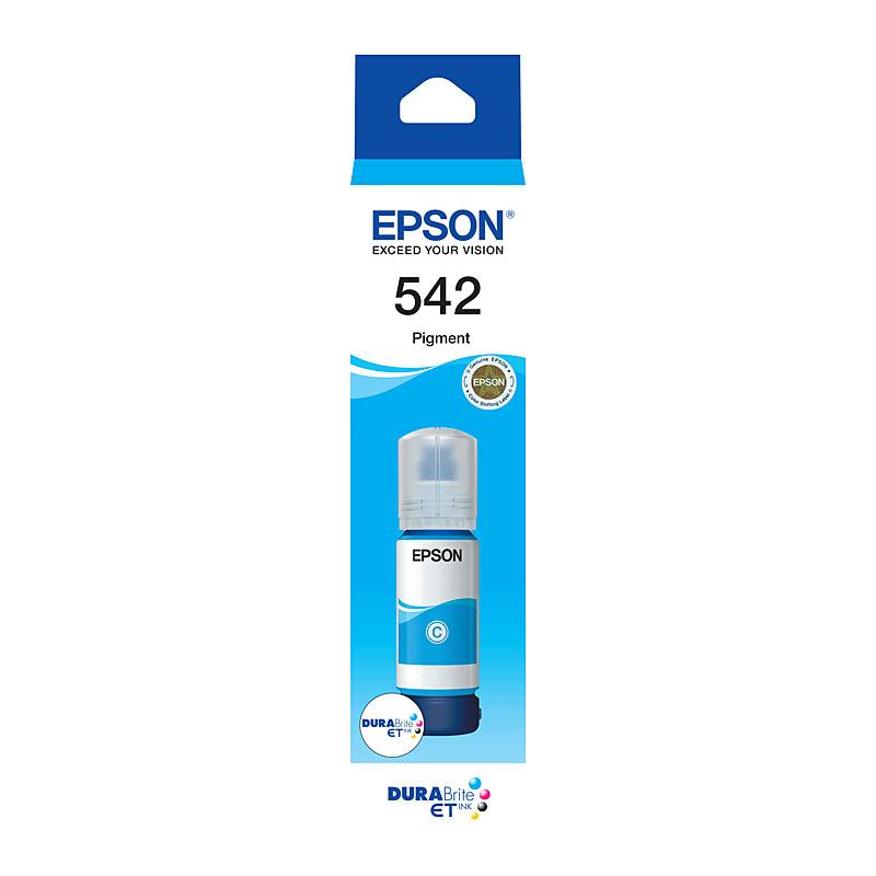 EPSON T542 Cyan Eco Tank toner cartridge with vibrant cyan color, designed for high-quality printing.