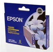 EPSON T559 Light Cyan RX700 ink cartridge, showcasing its vibrant color and design, ideal for high-quality printing.