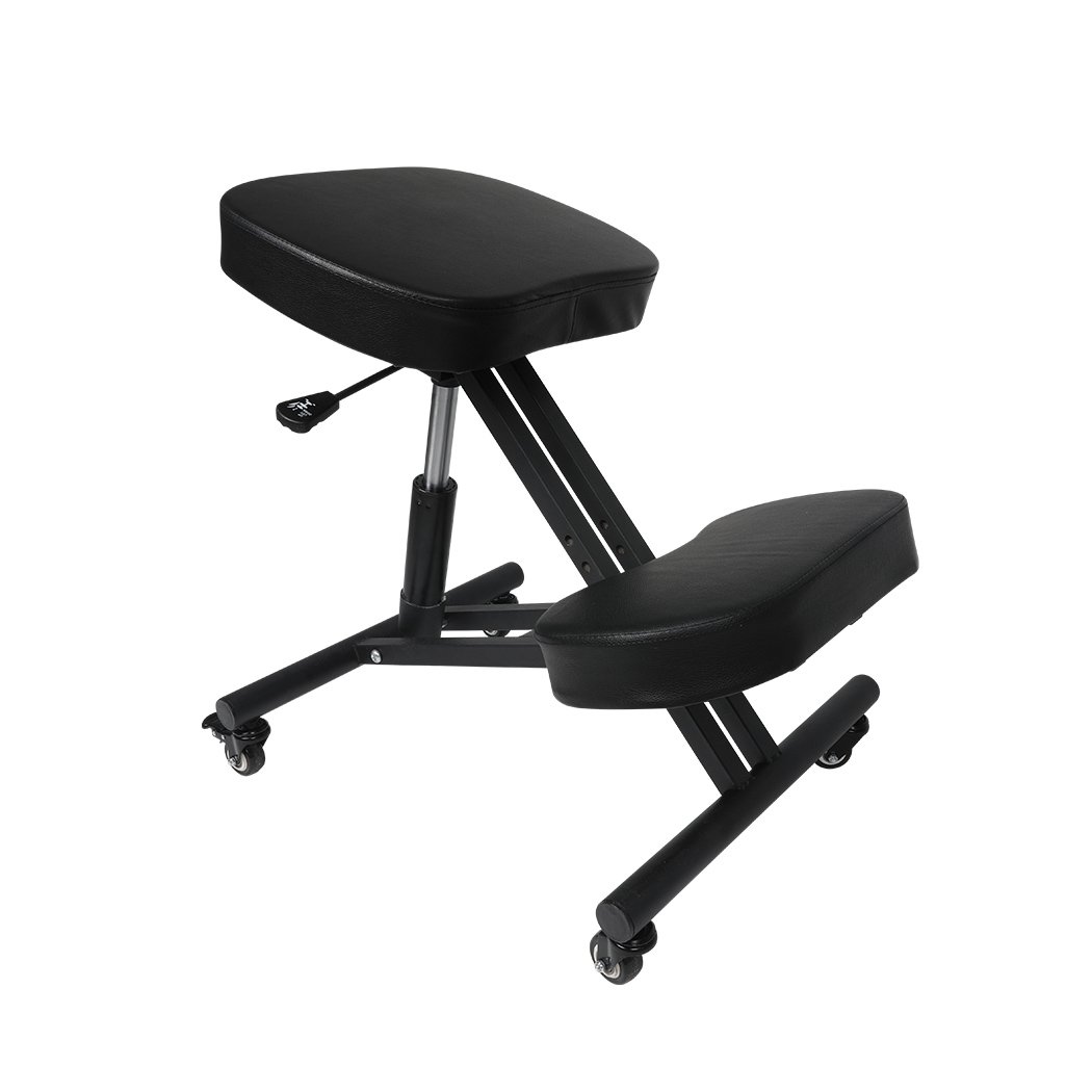 Ergonomic kneeling chair with adjustable height and padded seat, designed for home office use.