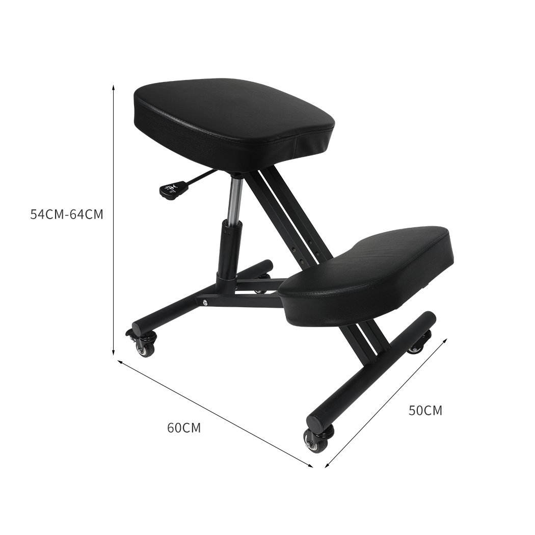 Ergonomic kneeling chair with adjustable height and padded seat, designed for home office use.