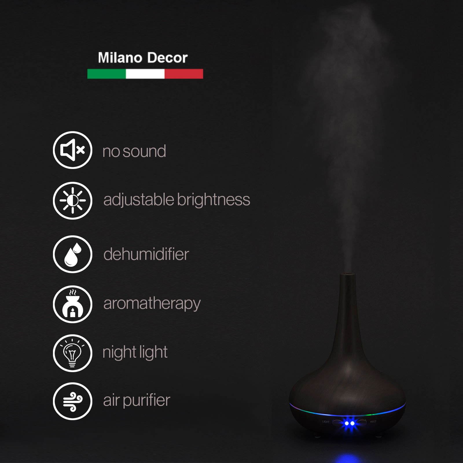 Milano Ultrasonic Aromatherapy Diffuser with LED lights and essential oils, designed for home and office use.