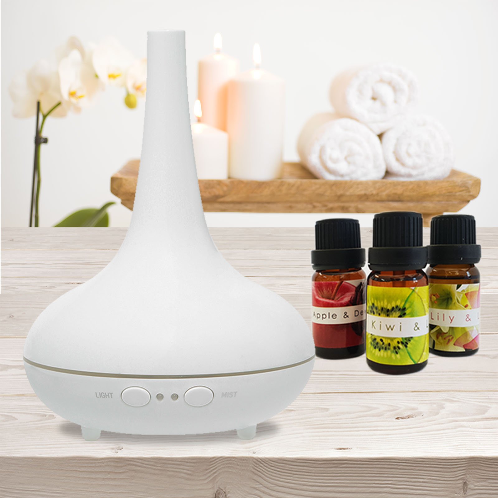 Milano Ultrasonic Aromatherapy Diffuser with LED lights and essential oils, designed for home and office use.