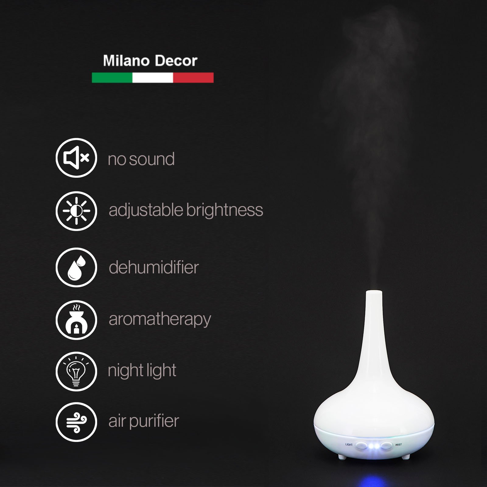 Milano Ultrasonic Aromatherapy Diffuser with LED lights and essential oils, designed for home and office use.