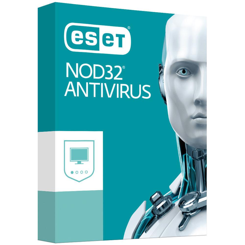 ESET NOD32 Antivirus box showcasing essential protection features for 1 device over 2 years.