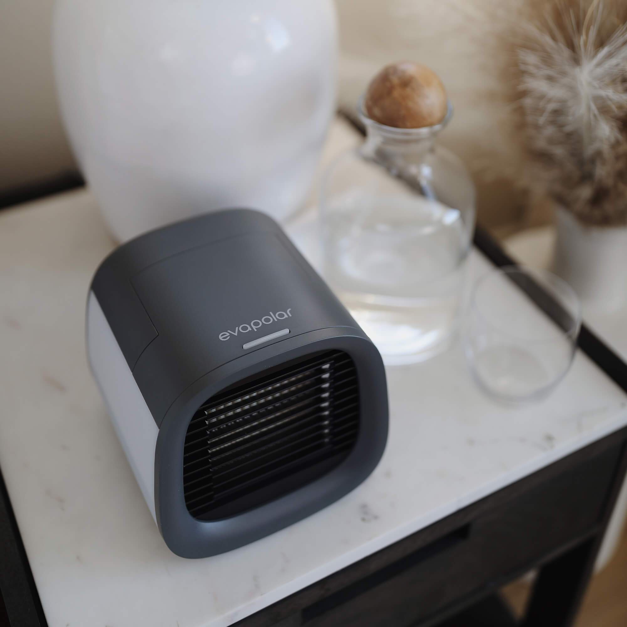 Evapolar evaCHILL Personal Evaporative Air Cooler and Humidifier in a stylish design, showcasing its compact size and user-friendly control pad.