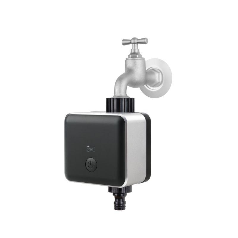 EVE Aqua smart irrigation controller with a sleek design, showcasing its user-friendly interface and outdoor faucet connection.