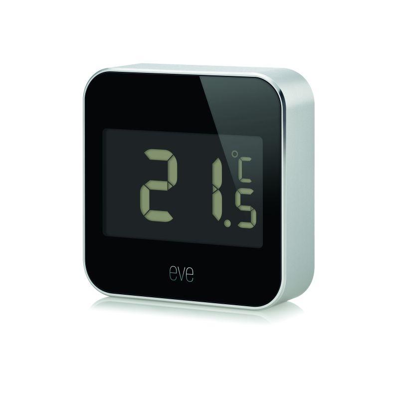 EVE Degree smart weather station displaying temperature and humidity readings in a modern design.