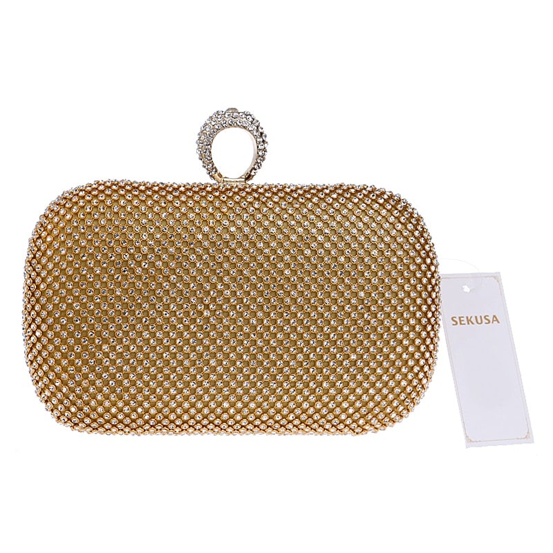 Elegant diamond-studded evening clutch bag with chain shoulder strap, perfect for weddings and parties.