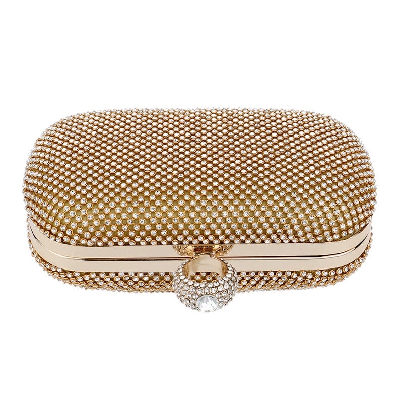 Elegant diamond-studded evening clutch bag with chain shoulder strap, perfect for weddings and parties.