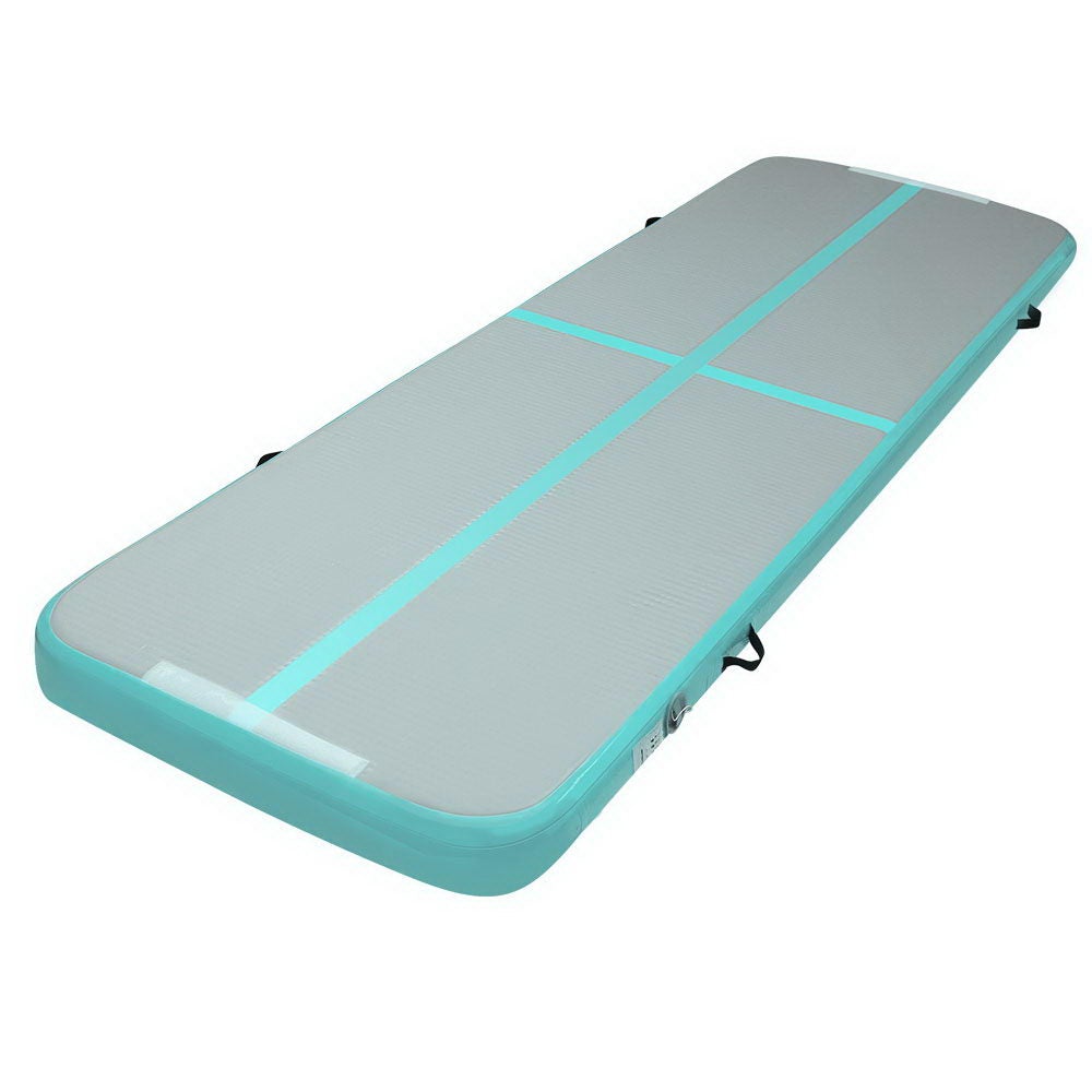 Everfit 3m x 1m Air Track Mat in mint green and grey, showcasing its inflatable design and anti-slip surface, ideal for gymnastics and cheerleading.