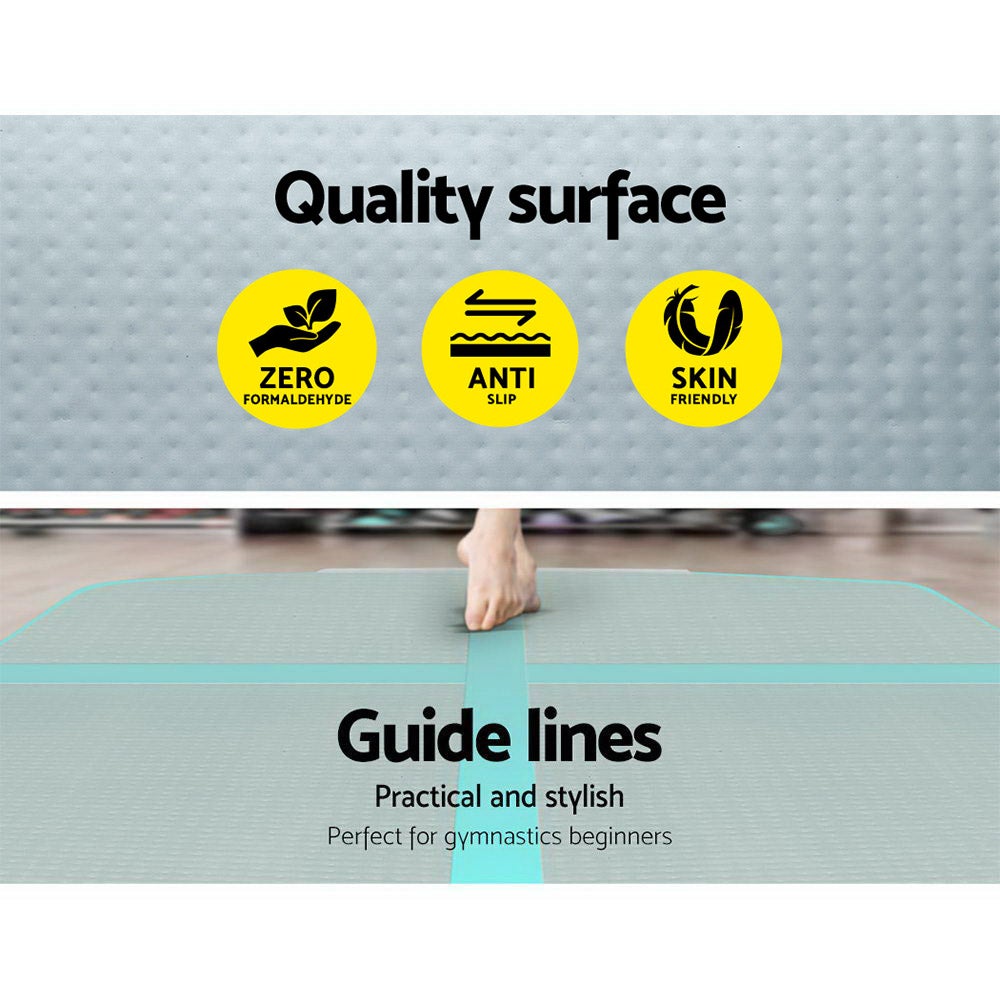 Everfit 3m x 1m Air Track Mat in mint green and grey, showcasing its inflatable design and anti-slip surface, ideal for gymnastics and cheerleading.